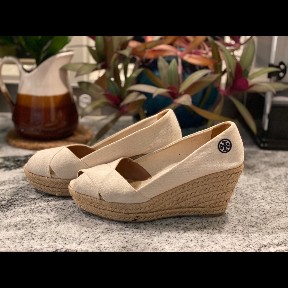 Tory Burch Wedge Canvas Cream Womens 9.5 B